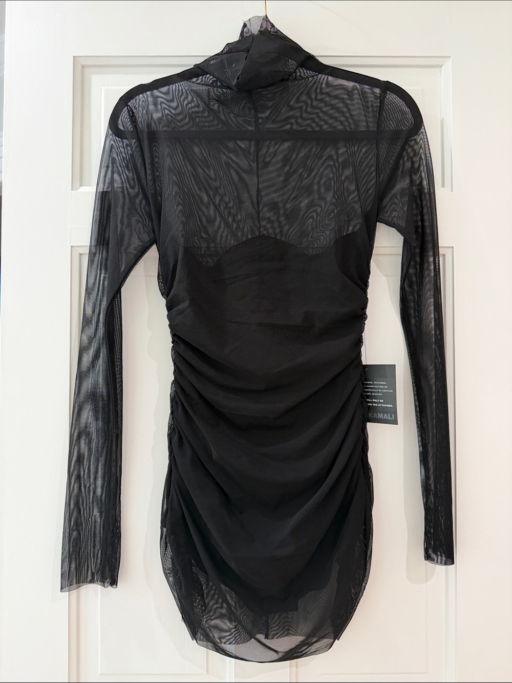 Norma Kamali Black Sheer Ruched Long-Sleeve Dress